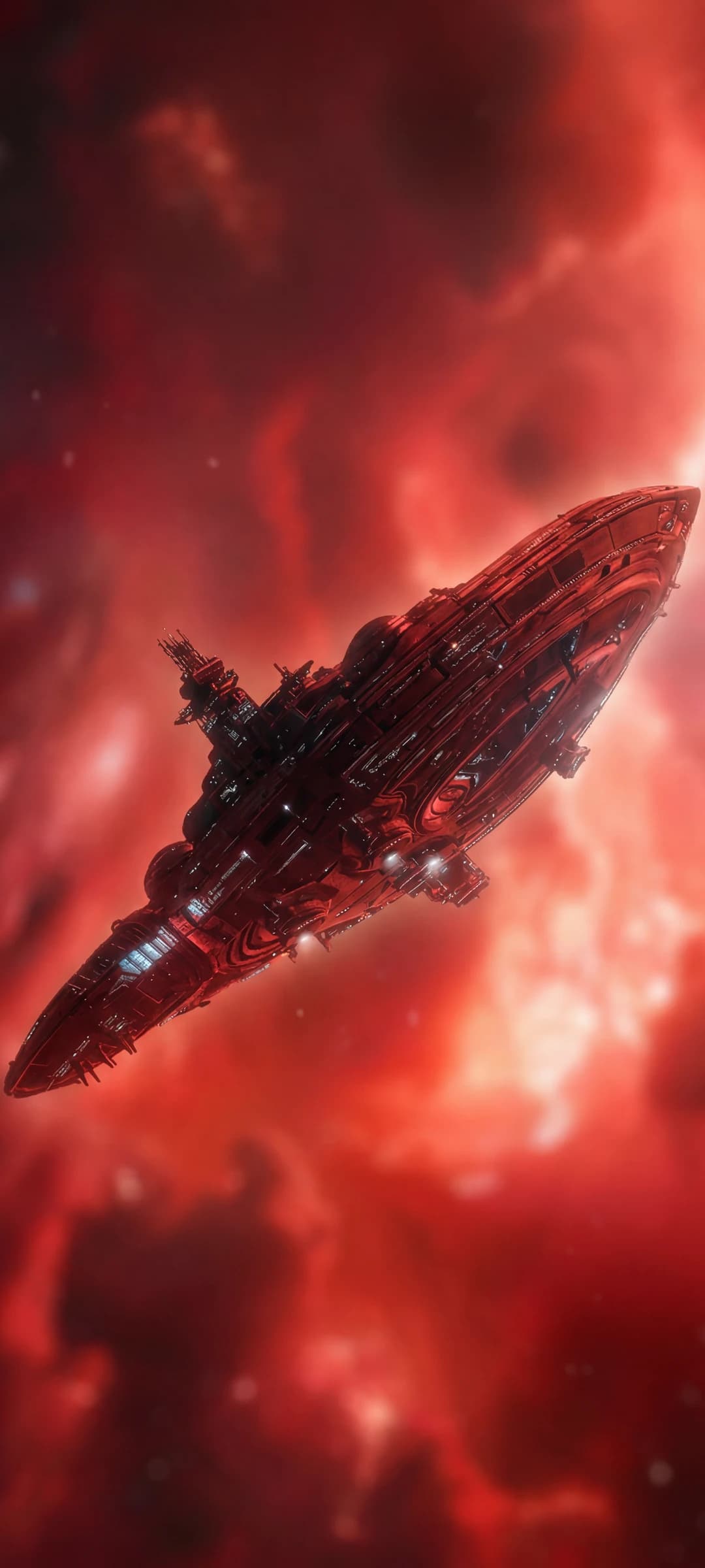 Soaring Spaceship in Fiery Nebula